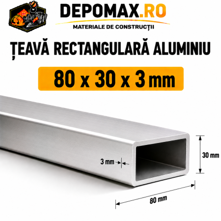 Teava rectangulara aluminiu 80 x 30 x 3 mm, 6 metri (EN AW-6060)